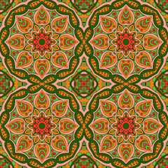 Mandala Eastern pattern. Zentangl seamless ornament. Green and orange colors