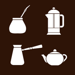 Tea and coffee making facility flat white icons. Yerba mate calabash, teapot, french press, turkish cezve
