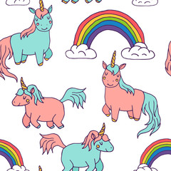 Cute vector unicorns and rainbow seamless pattern - hand drawn kawaii style illustration with imaginary horse from children fairytale. Ink sketch with hearts, stars and rainbow