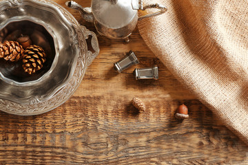 Set of dinnerware on wooden table, top view