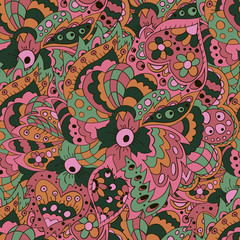 Seamless doodle pattern. Floral doodle wavy patterns. Cute background for textile, creativity and your design. Pink tone