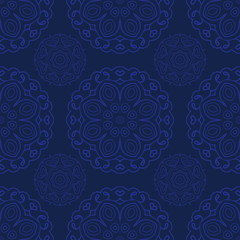 Blue seamless doodle pattern, ethnic ornament. Hand drawn abstract background. Mandala motives
