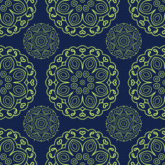 Blue and green seamless doodle pattern, ethnic ornament. Hand drawn abstract background. Mandala motives
