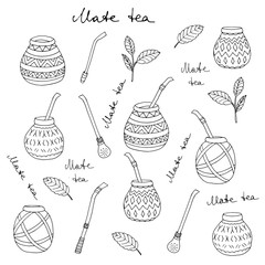 Yerba mate tea branch and calabash hand drawn. Mate tea leaf. Calabash gourd and bombilla 