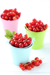 Red currant on a white wooden table