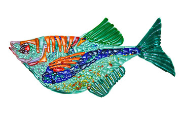 Decorative fish made of colored glass fusing method. Isolated on