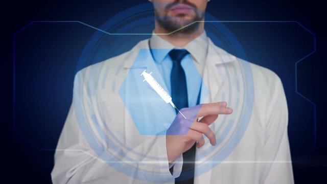 Medical Doctor pushing a blue icon over blue background. Capsule syringe drop
