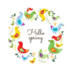 Hello Spring. Hand drawn poster with  round bird frame.