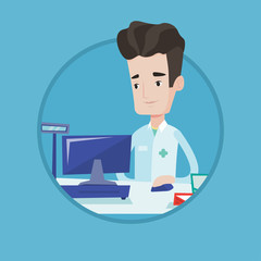 Pharmacist at counter with cash box.