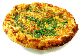 Lush yeast pizza with chicken, herbs and cheese