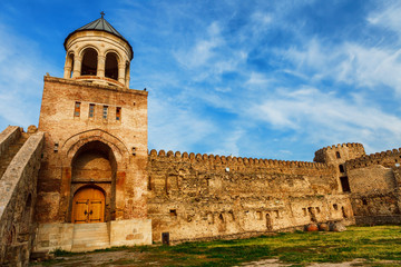 Fototapeta na wymiar Fort and wall of Svetitskhoveli Orthodox Cathedral in Mtskheta, Georgia