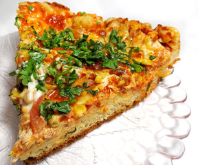 Lush yeast pizza with chicken, herbs and cheese