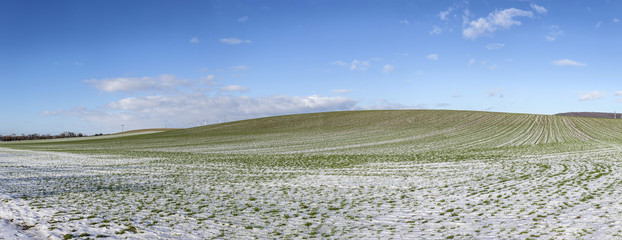 winter landscape with fields, snow and blue sky
