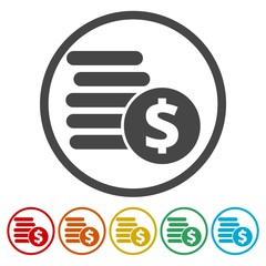 Dollar coins flat icons set 
