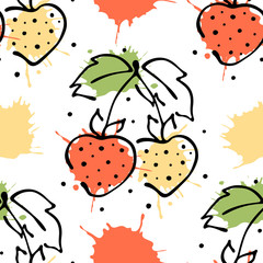 Vector fruits seamless pattern. Strawberry with leaves, decorative elements, blots, drops, splash Hand drawn contour lines and strokes Doodle sketch style, graphic vector drawing illustration