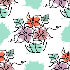 Vector seamless floral pattern with flowers, leaves, decorative elements, splash, blots, drop Hand drawn contour lines and strokes Doodle sketch style, graphic vector drawing illustration