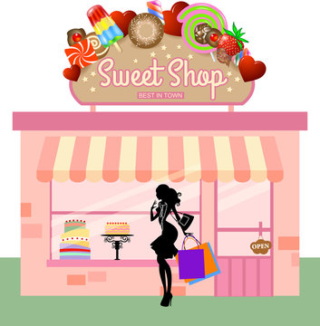 sweet shop with woman silhouette