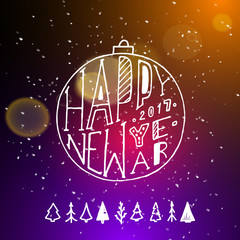 Naklejka premium Show background. Happy New Year Holiday Party Brush Script Style Hand lettering. Smoky vector stage interior shining with light from a projector