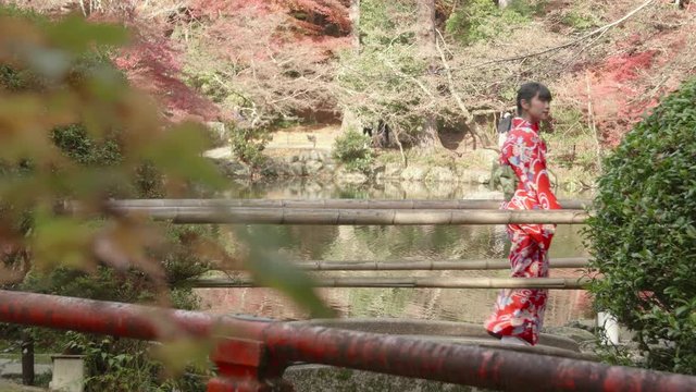 Japanese gardens in Kyoto beautiful Kimono girl walking across bridge 