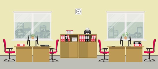 Office room in a yellow color. There are tables, red chairs, cases for documents, printer and other objects in the picture. Vector flat illustration
