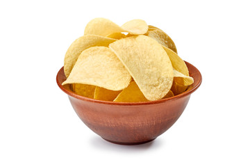 Potato chips in ceramic bowl on white
