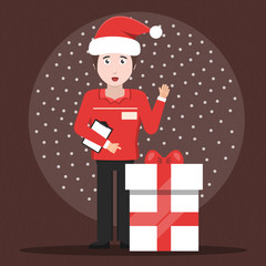 Vector cartoon illustration of delivery man with gift. Concept of Merry Christmas and fast service.
