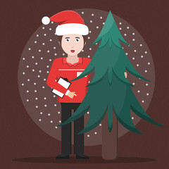 Vector cartoon illustration of delivery man with fir. Concept of Merry Christmas and fast service.