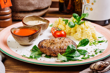 minced mutton chop with boiled potatoes and sauce