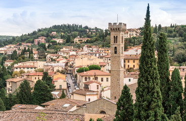 Fototapeta na wymiar View of city center of Fiesole with cathedral tower.