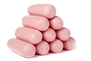 heap of sausages isolated on white background closeup