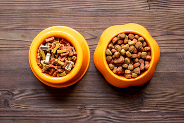 dry dog food in bowl on wooden background top view