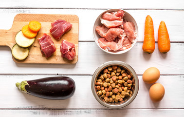 ingredients for pet food holistic top view on wooden background