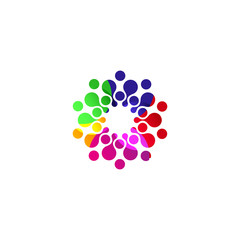Digital colorful isolated circle logo template. Stylized abstract snowflake, flower or sun vector illustration. Polka dots round sign.