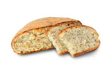 Sliced loaf of homemade bread made with herbs and spices isolated on white, clipping Path included