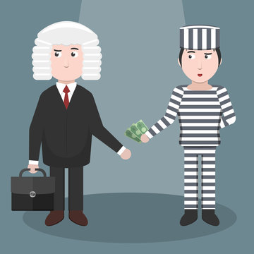 Vector cartoon concept of corruption with prisoner and judge character.