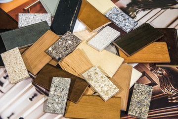 Kitchen wood door and stone countertop color samples