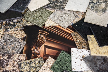 kitchen and bathroom countertops made of granite, marble and quartz square slab