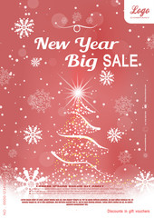 Fototapeta na wymiar Vector Christmas big sale promotional red poster with Christmas tree, snowflakes and snowfall on the gradient background.