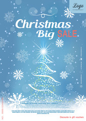 Fototapeta na wymiar Vector Christmas big sale promotional blue poster with Christmas tree, snowflakes and snowfall on the gradient background.