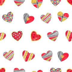 Valentines day background  with patterned hearts. Vector romantic seamless pattern. 