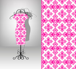 Female dress on hanger. Seamless pattern. Pink antique ornament.