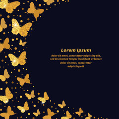 Celebration background with glittering golden butterflies on dark. Vector illustration. 