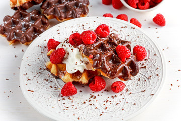 Belgian chocolate waffles with fresh raspberries, whipped cream and honey syrup
