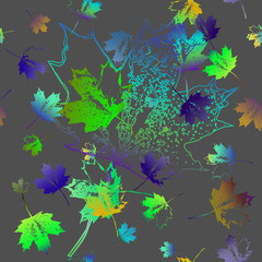 Seamless pattern of falling maple leaves. Grey background. Green and violet leaves. Can be used as poster, wallpaper, backdrop, background...