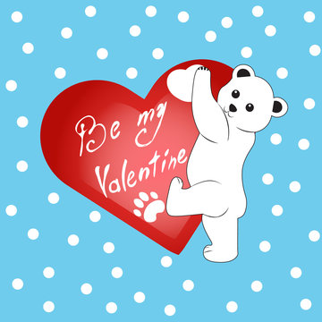 Сute cartoon polar bear with heart Valentine's day be my valentine