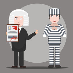 Vector cartoon illustration of judge adjudicating the prisoner character. Concept of justice and law.