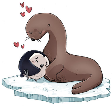 foca y ping&uuml;ino enamorados