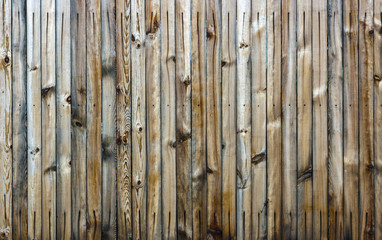 Natural knotted gray weathered wood plank texture background.