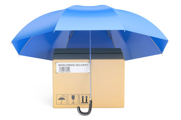 safety delivery concept, umbrella with parcel, 3D rendering