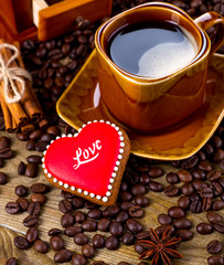 Cup of black tea and heart shaped cookies, for valentine's day